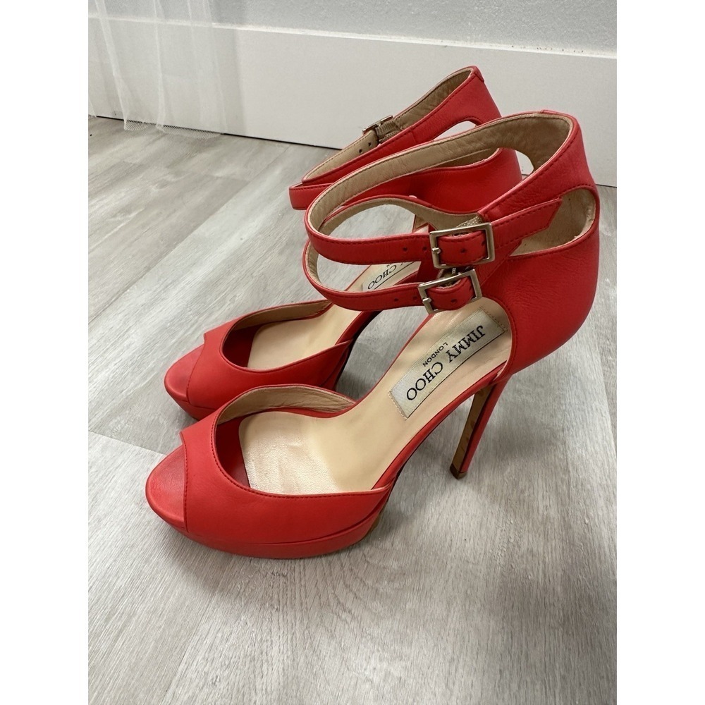 Jimmy Choo Red Leather Platform Peep Toe Ankle Strap Heels Size 36-6